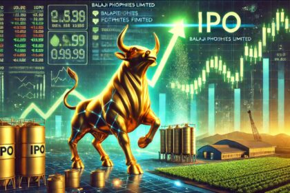 Balaji Phosphates Limited IPO के लिए एक आकर्षक चित्र जिसमें एक आधुनिक स्टॉक एक्सचेंज, चमकता हुआ सुनहरा बुल स्टैच्यू (बाजार में मजबूती का प्रतीक), और पृष्ठभूमि में हरियाली भरे खेत दिखाए गए हैं, जो फॉस्फेट उद्योग से जुड़े अवसरों को दर्शाते हैं। साथ ही, ऊपर की ओर बढ़ते डिजिटल स्टॉक चार्ट कंपनी की संभावित वृद्धि और निवेश के सुनहरे अवसर का प्रतीक हैं।
