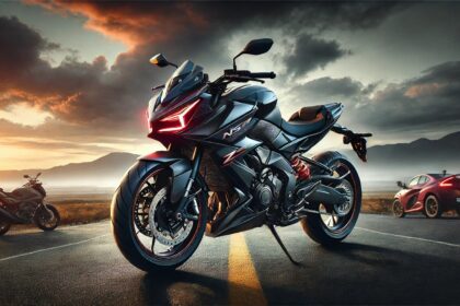 2025 Bajaj Pulsar NS400 की एक शानदार AI-जनित इमेज, जिसमें इसका दमदार 400cc इंजन, शार्प LED हेडलाइट्स, मस्कुलर बॉडीवर्क और स्पोर्टी ग्राफिक्स को हाईलाइट किया गया है। बाइक को एक ओपन रोड पर दिखाया गया है, जहां बैकग्राउंड में खूबसूरत सनसेट इसकी अग्रेसिव और पावरफुल पर्सनालिटी को और उभारता है।