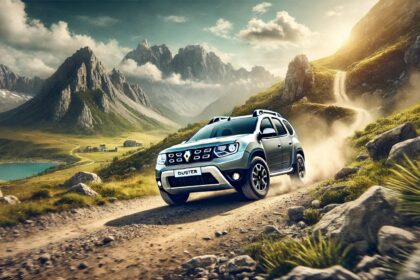 Renault Duster SUV एक ऑफ-रोड ट्रेल पर चलते हुए, धूल उड़ाती हुई नजर आ रही है, जो इसकी दमदार ऑफ-रोडिंग क्षमता को दर्शाती है। स्टाइलिश डिज़ाइन, बोल्ड फ्रंट ग्रिल और LED हेडलाइट्स के साथ 20 KMPL माइलेज प्रदान करने वाली यह SUV एडवेंचर और मजबूती का प्रतीक है।