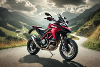 Ducati Multistrada V2 एडवेंचर मोटरसाइकिल, 937cc दमदार इंजन और हाईटेक फीचर्स के साथ, खूबसूरत पहाड़ी सड़क और हरे-भरे प्राकृतिक नज़ारे के बीच पार्क की गई।