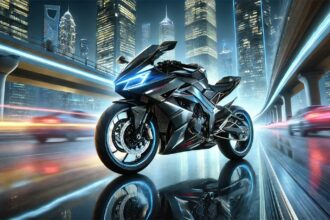 Hero Xtreme 250R स्पोर्ट्स बाइक का अग्रेसिव और एयरोडायनामिक डिज़ाइन, जिसमें शार्प LED हेडलाइट्स, मस्कुलर फ्यूल टैंक और स्पोर्टी ग्राफिक्स शामिल हैं। बाइक को एक शहरी रात के वातावरण में दिखाया गया है, जहां इसकी चमकदार मेटालिक बॉडी पर नियोन लाइट्स की रोशनी पड़ रही है। बैकग्राउंड में मॉडर्न सिटीस्केप और डायनामिक रोड बाइक की स्पीड और परफॉर्मेंस को दर्शाते हैं।