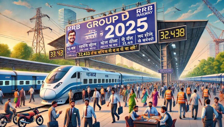 RRB Group D भर्ती 2025 का पोस्टर, जिसमें 10वीं पास उम्मीदवारों के लिए 32,438 पदों पर आवेदन करने का सुनहरा मौका दर्शाया गया है। बैकग्राउंड में आधुनिक रेलवे स्टेशन, भर्ती कैंप और उम्मीदवारों की भीड़ नजर आ रही है।