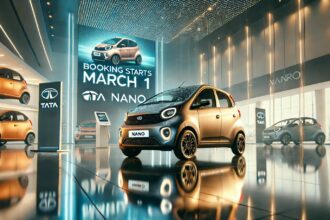 नई Tata Nano कार एक फ्यूचरिस्टिक शो룸 में प्रदर्शित, जिसमें कॉम्पैक्ट और मॉडर्न डिजाइन, स्टाइलिश हेडलाइट्स और एयरोडायनामिक शेप दी गई है। डिजिटल डिस्प्ले पर 'बुकिंग शुरू 1 मार्च' लिखा हुआ है, जो इसकी लॉन्चिंग की जानकारी देता है। चमकदार फर्श और प्रीमियम माहौल कार की किफायती कीमत और उन्नत फीचर्स को दर्शाता है।