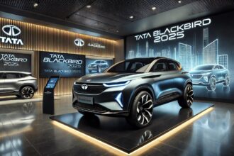 Tata Blackbird 2025 SUV का फ्यूचरिस्टिक मॉडल, जिसमें बोल्ड फ्रंट ग्रिल, शार्प LED हेडलाइट्स, स्टाइलिश अलॉय व्हील्स और पैनोरमिक सनरूफ है, प्रीमियम शोरूम सेटिंग में प्रदर्शित।