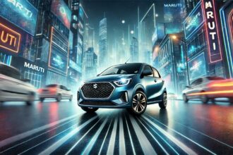 Maruti की अप्सरा कार, एक स्टाइलिश और कॉम्पैक्ट बजट कार, LED हेडलाइट्स और स्पोर्टी ग्रिल के साथ, शहर की रोशनी में दमकती हुई।