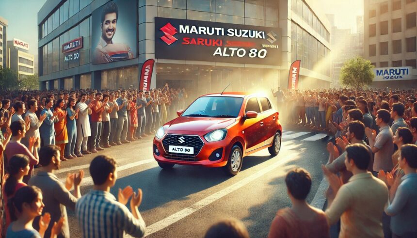 Maruti Suzuki Alto 800 शोरूम के बाहर खड़ी है, जहां ग्राहकों की भीड़ इसे खरीदने के लिए उमड़ी हुई है। कार चमकदार और स्टाइलिश दिख रही है, जो बजट सेगमेंट में एक बेहतरीन विकल्प है।
