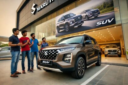 नई Maruti SUV, शानदार मॉडर्न डिजाइन और बोल्ड फ्रंट ग्रिल के साथ, एक लक्ज़री शोरूम के बाहर खड़ी है। LED हेडलाइट्स, ड्यूल-टोन एक्सटीरियर और स्पोर्टी अलॉय व्हील्स इसे प्रीमियम लुक देते हैं।