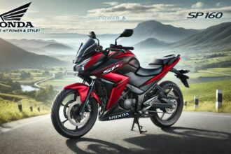 नई Honda SP 160 बाइक रेड और ब्लैक कलर स्कीम में, एक ओपन रोड पर खड़ी है। बाइक का अग्रेसिव डिजाइन, LED हेडलाइट्स, मस्कुलर फ्यूल टैंक और अलॉय व्हील्स इसे स्पोर्टी लुक देते हैं। बैकग्राउंड में पहाड़ और साफ नीला आसमान दिख रहा है।