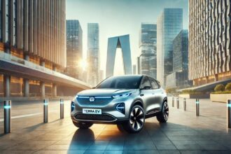Tata Sierra EV – एक फ्यूचरिस्टिक इलेक्ट्रिक SUV, मॉडर्न शहर के बैकग्राउंड में पार्क की गई, दमदार डिजाइन और LED हेडलाइट्स के साथ।
