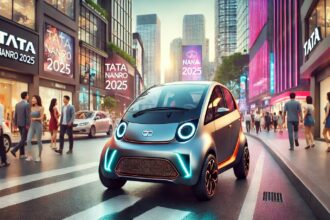 Tata Nano 2025 – एक फ्यूचरिस्टिक कॉम्पैक्ट कार, आधुनिक शहर के बैकग्राउंड में पार्क की गई, स्टाइलिश डिजाइन और LED हेडलाइट्स के साथ।