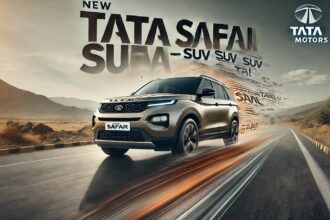 नई Tata Safari SUV एक खूबसूरत पहाड़ी रास्ते पर चलते हुए, टेक्स्ट ओवरले के साथ: "सस्ती Tata Safari – दमदार SUV अब बजट में!