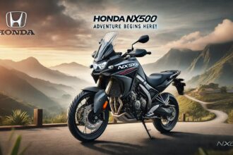 Honda NX500 एडवेंचर बाइक एक पहाड़ी सड़क पर खड़ी है, बैकग्राउंड में खूबसूरत पहाड़ और सनसेट का नजारा दिख रहा है। बाइक में LED हेडलाइट्स, स्पोर्टी फ्यूल टैंक और रग्ड टायर्स नजर आ रहे हैं।