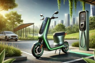 Adani Green Electric Scooter in a modern urban setting with a charging station and greenery in the background, showcasing its sleek metallic green design and LED headlights.