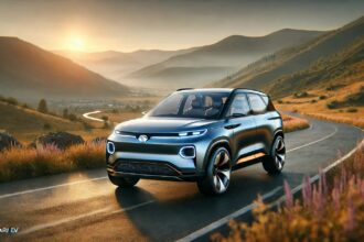 फ्यूचरिस्टिक TATA Safari EV SUV एक खूबसूरत प्राकृतिक परिदृश्य में, जिसमें स्लीक एयरोडायनामिक डिज़ाइन, डुअल-टोन पेंट, एलईडी हेडलाइट्स और अलॉय व्हील्स शामिल हैं। पृष्ठभूमि में पहाड़ी सड़क और सूर्यास्त का दृश्य, जो इलेक्ट्रिक वाहन की पर्यावरण-अनुकूल विशेषता को दर्शाता है।