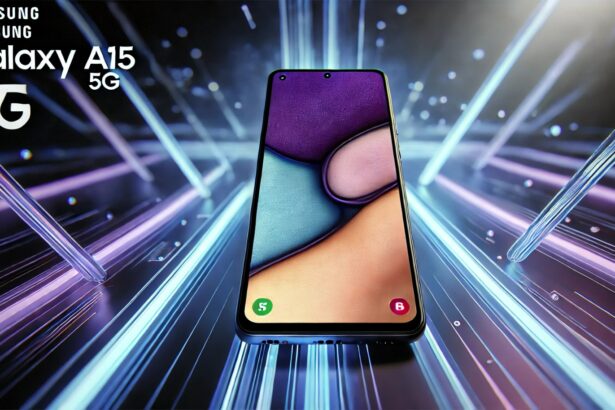 Samsung Galaxy A15 5G स्मार्टफोन का एक आकर्षक लैंडस्केप मोड इमेज, जिसमें सुपर AMOLED डिस्प्ले, ट्रिपल-कैमरा सेटअप और स्टाइलिश डिजाइन दिखाया गया है।