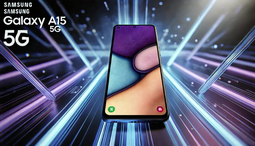 Samsung Galaxy A15 5G स्मार्टफोन का एक आकर्षक लैंडस्केप मोड इमेज, जिसमें सुपर AMOLED डिस्प्ले, ट्रिपल-कैमरा सेटअप और स्टाइलिश डिजाइन दिखाया गया है।