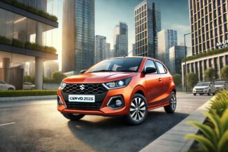 Maruti Cervo 2025 का आकर्षक और मॉडर्न डिज़ाइन, जिसमें LED हेडलाइट्स, स्टाइलिश फ्रंट ग्रिल और एलॉय व्हील्स शामिल हैं।