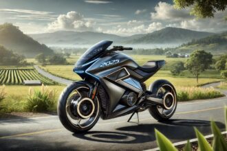Futuristic Honda Shine 2025 motorcycle with a sleek aerodynamic design, LED headlights, and a digital dashboard, parked on a scenic road with a lush green background.