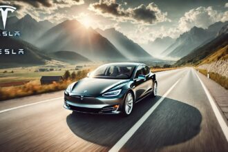 एक शानदार Tesla इलेक्ट्रिक कार पहाड़ों के बीच एक सुंदर हाईवे पर दौड़ती हुई, जिससे इसकी आधुनिक और इनोवेटिव डिजाइन झलकती है।