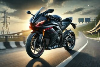 Yamaha R15 V4 2025 स्पोर्ट्स बाइक, हाईवे पर तेज़ रफ्तार में, एग्रेसिव डिज़ाइन और LED हेडलाइट्स के साथ।