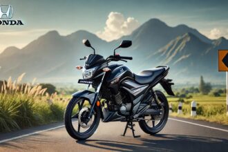 Honda Shine 2025 मोटरसाइकिल एक खूबसूरत पहाड़ी सड़क पर पार्क की गई, जिसमें इसका स्टाइलिश डिज़ाइन, एलईडी हेडलैंप और दमदार 125cc इंजन दिख रहा है।