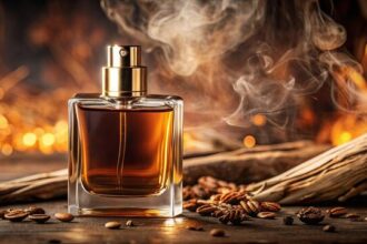 Luxury oud perfume bottle with golden cap on elegant background