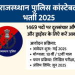 राजस्थान पुलिस कांस्टेबल भर्ती 2025 से जुड़ी हिंदी में डिजिटल इन्फो ग्राफिक जिसमें आवेदन प्रक्रिया, योग्यता और अंतिम तिथि की जानकारी दी गई है।