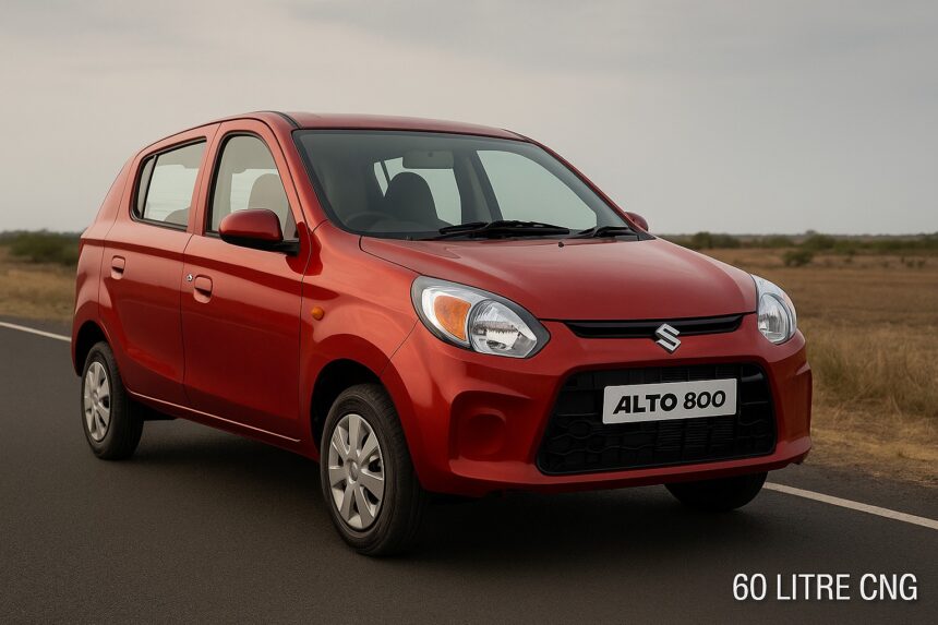 लाल रंग की Maruti Suzuki Alto 800 दो लेन वाली सड़क पर खड़ी है, बैकग्राउंड में खुला मैदान और बादलों से ढका आसमान नजर आ रहा है।