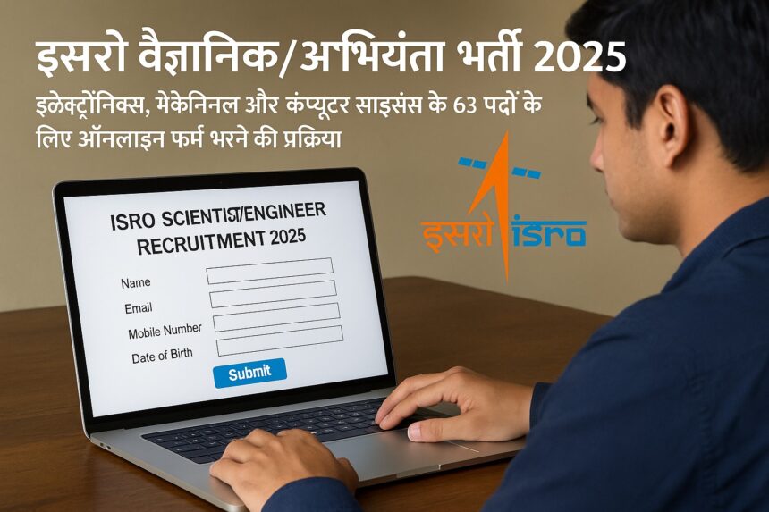 एक युवा भारतीय व्यक्ति लैपटॉप पर ISRO Scientist/Engineer भर्ती 2025 का ऑनलाइन आवेदन पत्र भरते हुए।