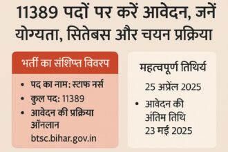 बिहार BTSC स्टाफ नर्स भर्ती 2025 के लिए 11389 पदों की जानकारी प्रदान करता हुआ एक हिंदी डिजिटल इन्फोग्राफिक, जिसमें पात्रता, आवेदन प्रक्रिया, तिथियाँ और भर्ती विवरण स्पष्ट रूप से दर्शाए गए हैं।