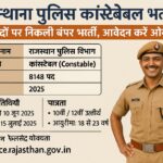 राजस्थान पुलिस कांस्टेबल भर्ती 2025 के लिए हिंदी में सूचना ग्राफिक, जिसमें 8148 पदों की जानकारी, पात्रता, तिथियाँ और आधिकारिक वेबसाइट दी गई है।