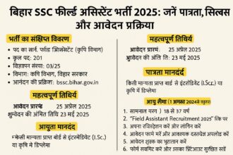 बिहार SSC फील्ड असिस्टेंट भर्ती 2025 के लिए पात्रता, महत्वपूर्ण तिथियाँ, और आवेदन प्रक्रिया को दर्शाने वाला हिंदी में डिजिटल इन्फोग्राफिक।