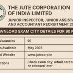 The Jute Corporation of India Limited 2024 Recruitment Exam City Details announcement in a landscape graphic format.