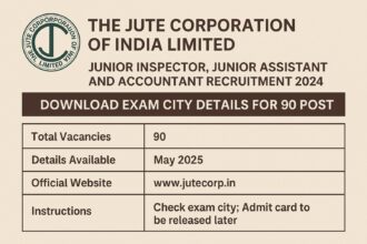 The Jute Corporation of India Limited 2024 Recruitment Exam City Details announcement in a landscape graphic format.