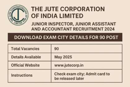 The Jute Corporation of India Limited 2024 Recruitment Exam City Details announcement in a landscape graphic format.