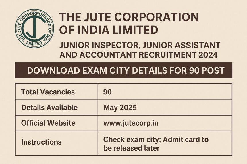 The Jute Corporation of India Limited 2024 Recruitment Exam City Details announcement in a landscape graphic format.