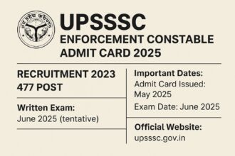 UPSSSC Enforcement Constable Recruitment 2023 admit card announcement in landscape graphic with key exam details.