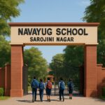 Navayug School Sarojini Nagar entrance with students walking towards the school gates on a bright sunny day.
