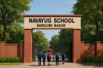 Navayug School Sarojini Nagar entrance with students walking towards the school gates on a bright sunny day.