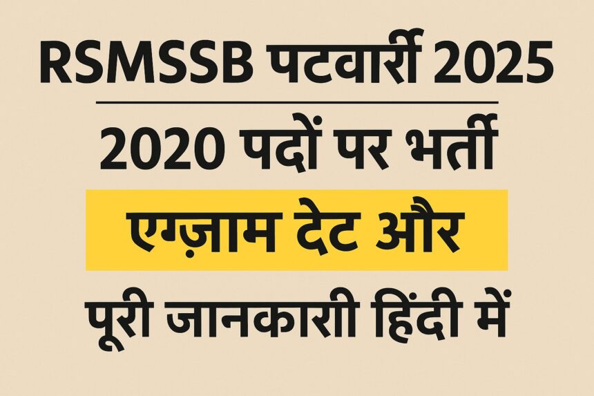 Hindi news banner for RSMSSB Patwari Recruitment 2025 showing 2020 vacancies and exam details.