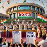 दिल्ली के एक स्कूल में CBSE कक्षा 10वीं परिणाम 2025 की घोषणा के बाद छात्र-छात्राएँ हाथ में मार्कशीट लिए खुशी मना रहे हैं, पीछे 95.14% पास प्रतिशत वाला बैनर है और शिक्षक व अभिभावक ताली बजा रहे हैं।