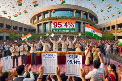 दिल्ली के एक स्कूल में CBSE कक्षा 10वीं परिणाम 2025 की घोषणा के बाद छात्र-छात्राएँ हाथ में मार्कशीट लिए खुशी मना रहे हैं, पीछे 95.14% पास प्रतिशत वाला बैनर है और शिक्षक व अभिभावक ताली बजा रहे हैं।