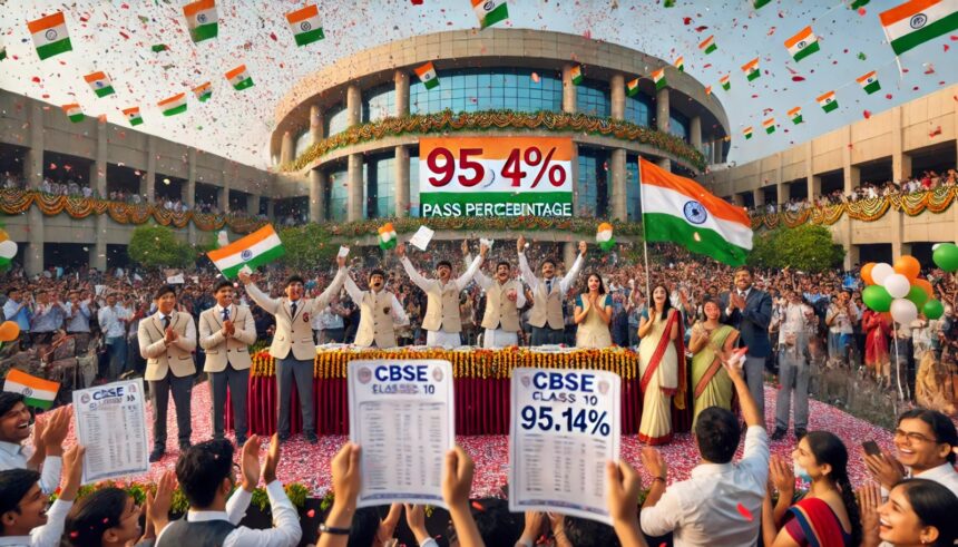 दिल्ली के एक स्कूल में CBSE कक्षा 10वीं परिणाम 2025 की घोषणा के बाद छात्र-छात्राएँ हाथ में मार्कशीट लिए खुशी मना रहे हैं, पीछे 95.14% पास प्रतिशत वाला बैनर है और शिक्षक व अभिभावक ताली बजा रहे हैं।