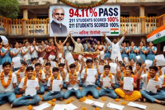 महाराष्ट्र के एक स्कूल में SSC कक्षा 10वीं के शानदार परीक्षा परिणाम की खुशी में छात्र-छात्राएँ रिजल्ट शीट लिए मुस्कुराते हुए खड़े हैं, पीछे “94.10% पास, 211 छात्रों ने 100% अंक प्राप्त किए” लिखा बैनर लगा है और शिक्षकों व अभिभावकों के चेहरे पर गर्व और खुशी झलक रही है।