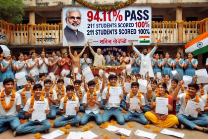 महाराष्ट्र के एक स्कूल में SSC कक्षा 10वीं के शानदार परीक्षा परिणाम की खुशी में छात्र-छात्राएँ रिजल्ट शीट लिए मुस्कुराते हुए खड़े हैं, पीछे “94.10% पास, 211 छात्रों ने 100% अंक प्राप्त किए” लिखा बैनर लगा है और शिक्षकों व अभिभावकों के चेहरे पर गर्व और खुशी झलक रही है।