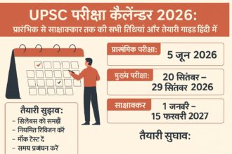 UPSC परीक्षा कैलेंडर 2026 को दर्शाता हुआ एक हिंदी ग्राफिक, जिसमें प्रमुख परीक्षाओं की तिथियाँ और तैयारी संबंधी सुझाव शामिल हैं।