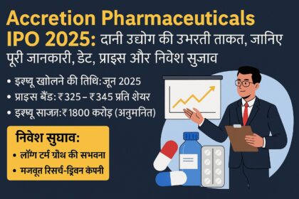 Accretion Pharmaceuticals IPO 2025 की जानकारी देते हुए एक हिंदी डिजिटल ग्राफिक जिसमें फार्मा कंपनी से संबंधित आंकड़े और निवेशक को प्रेजेंटेशन के माध्यम से समझाते हुए दिखाया गया है।