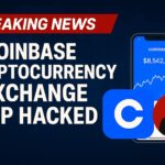 Breaking news graphic showing "Coinbase Cryptocurrency Exchange App Hacked!" with Coinbase logo, hacker silhouette, smartphone app interface, and cyber breach symbols.