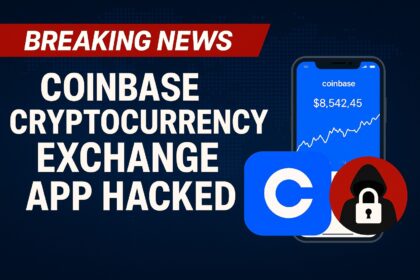 Breaking news graphic showing "Coinbase Cryptocurrency Exchange App Hacked!" with Coinbase logo, hacker silhouette, smartphone app interface, and cyber breach symbols.