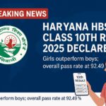 Digital graphic showing the announcement of Haryana HBSE Class 10th Result 2025 with a young girl holding her result, a "Breaking News" banner, and Haryana Board logo on a blue background.